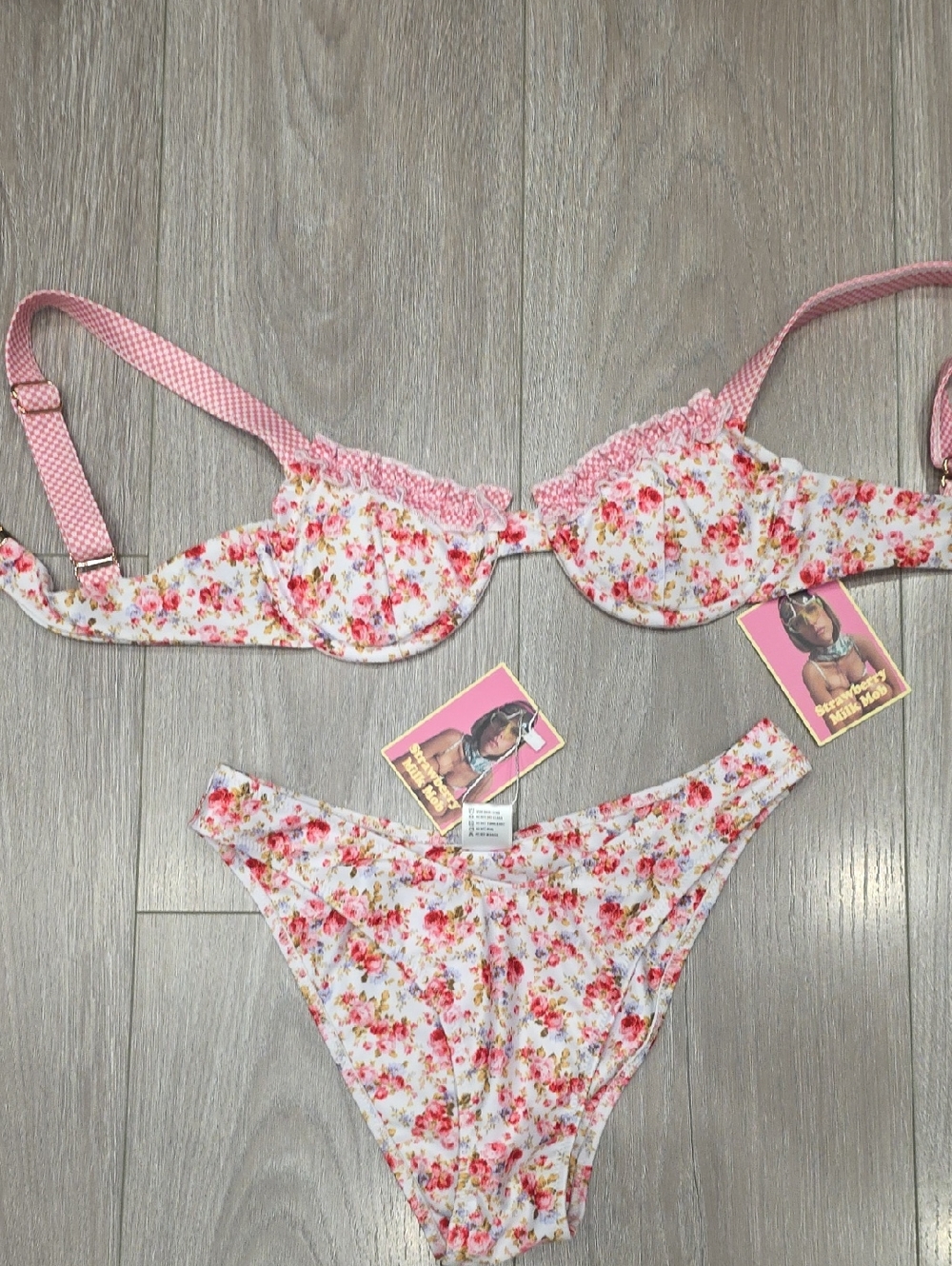 Strawberry Milk Mob Floral Pink Underwire Bra & Bikini Set